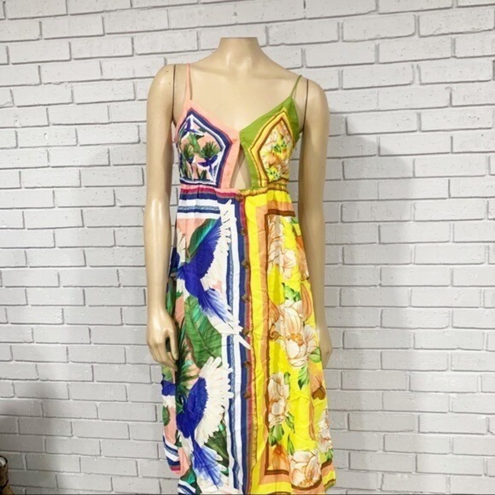 Farm Rio Scarf Print Tropical Bird Floral Cutout Midi Dress Boho Sz M